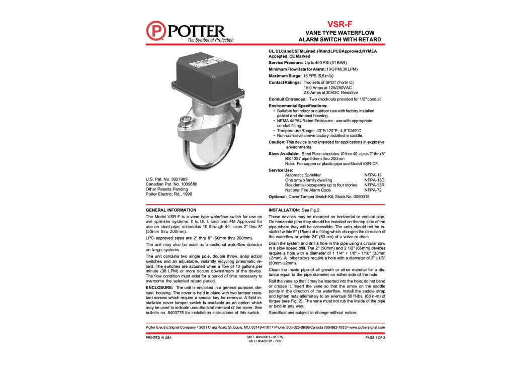 Potter VSR-F flow switch
